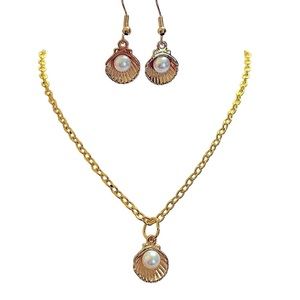 Gold plated faux pearl charm chain necklace seashell earring set